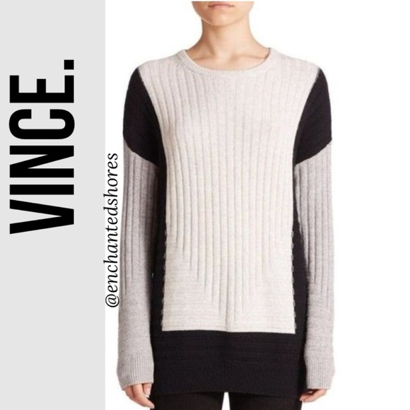 Vince Sweaters - Vintage Vince Colorblock Intarsia Crew Sweater Heather Black Steel Wool Cashmere